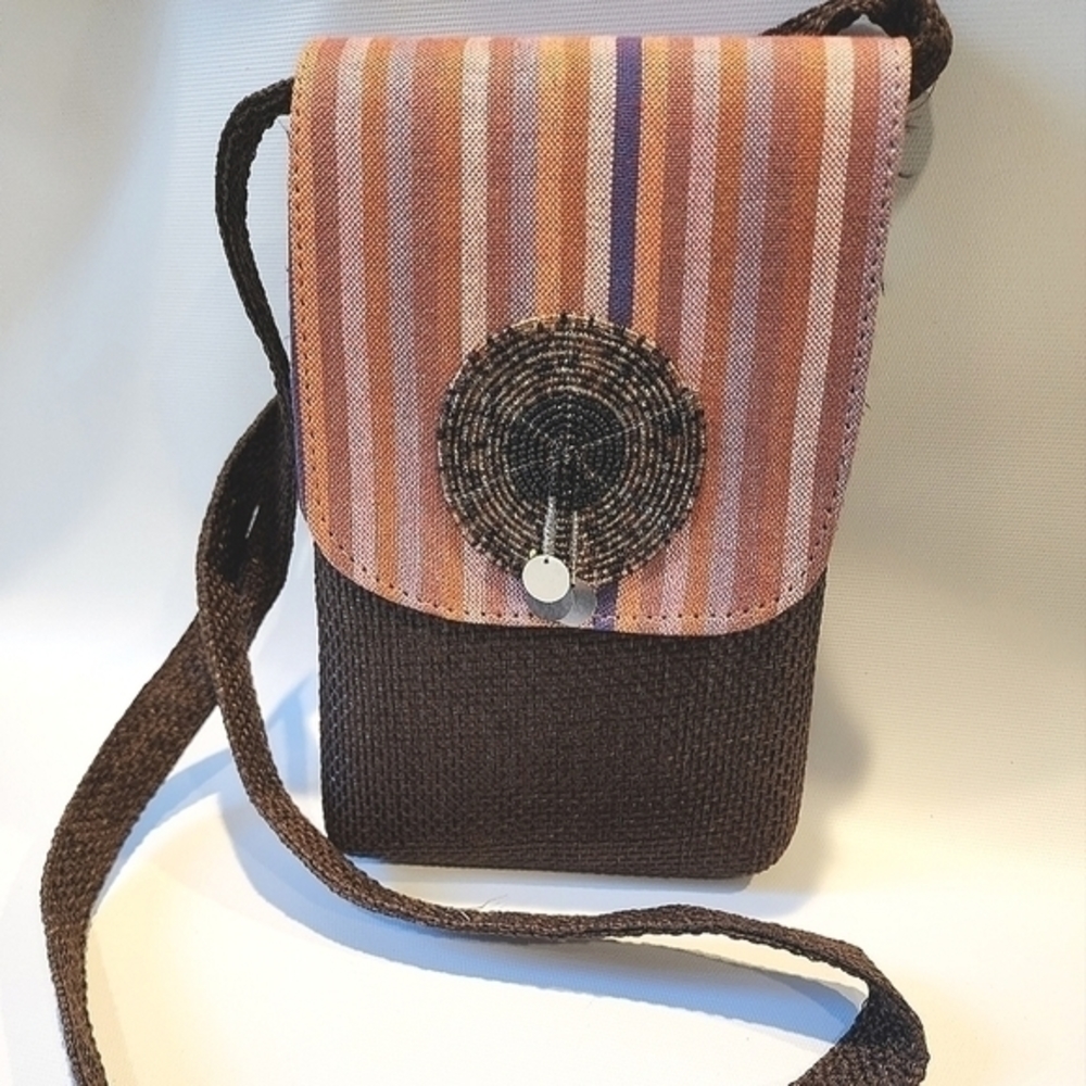 Bohemian Style‎ Crossbody Pocketbook Brown Fabric, Multi Color Sripe, Beads New